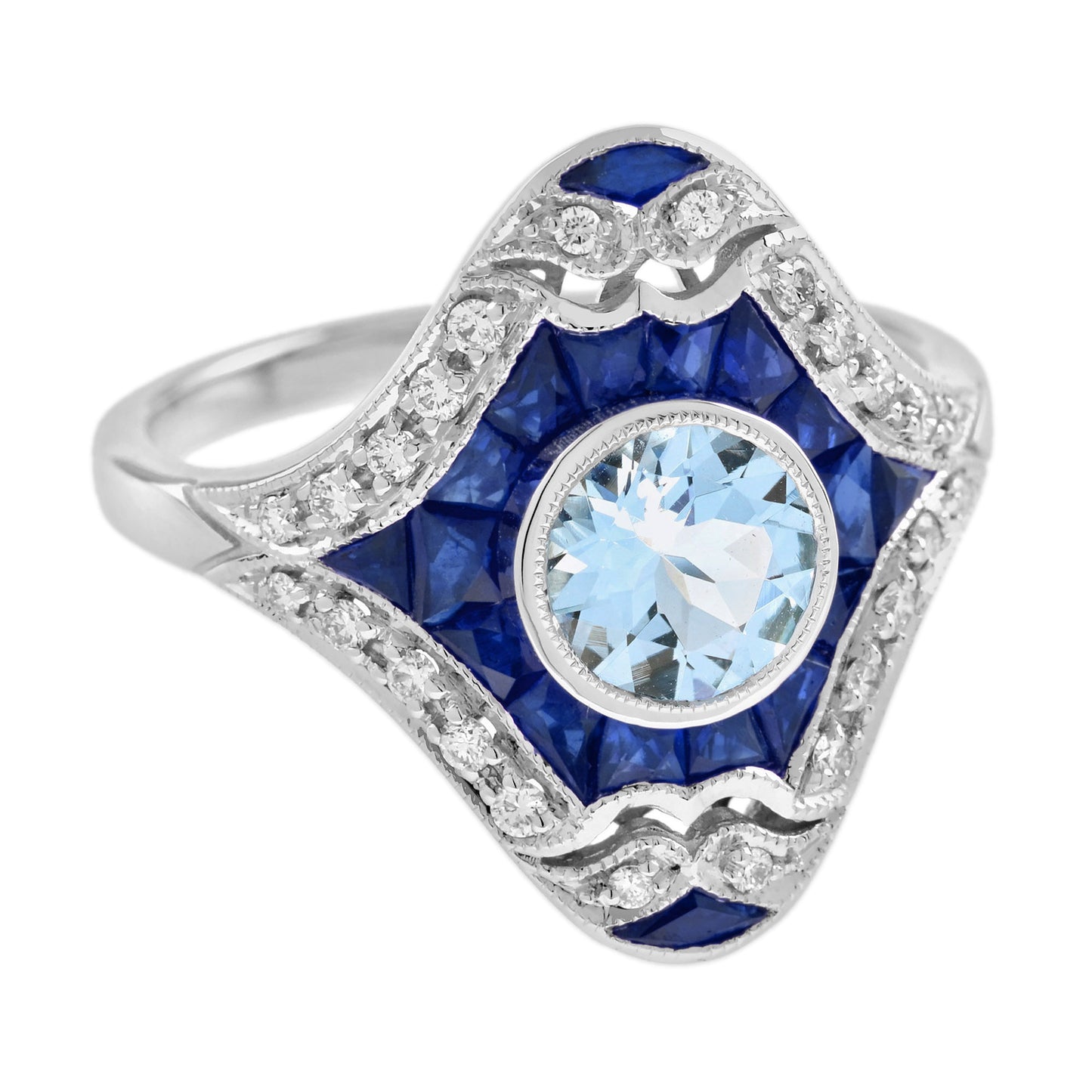 aquamarine & blue sapphire and diamond art deco style dinner 14k white gold ring