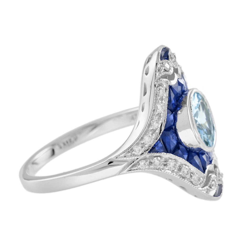 Aquamarine & Blue Sapphire and Diamond Art Deco Style Dinner 14K White Gold Ring