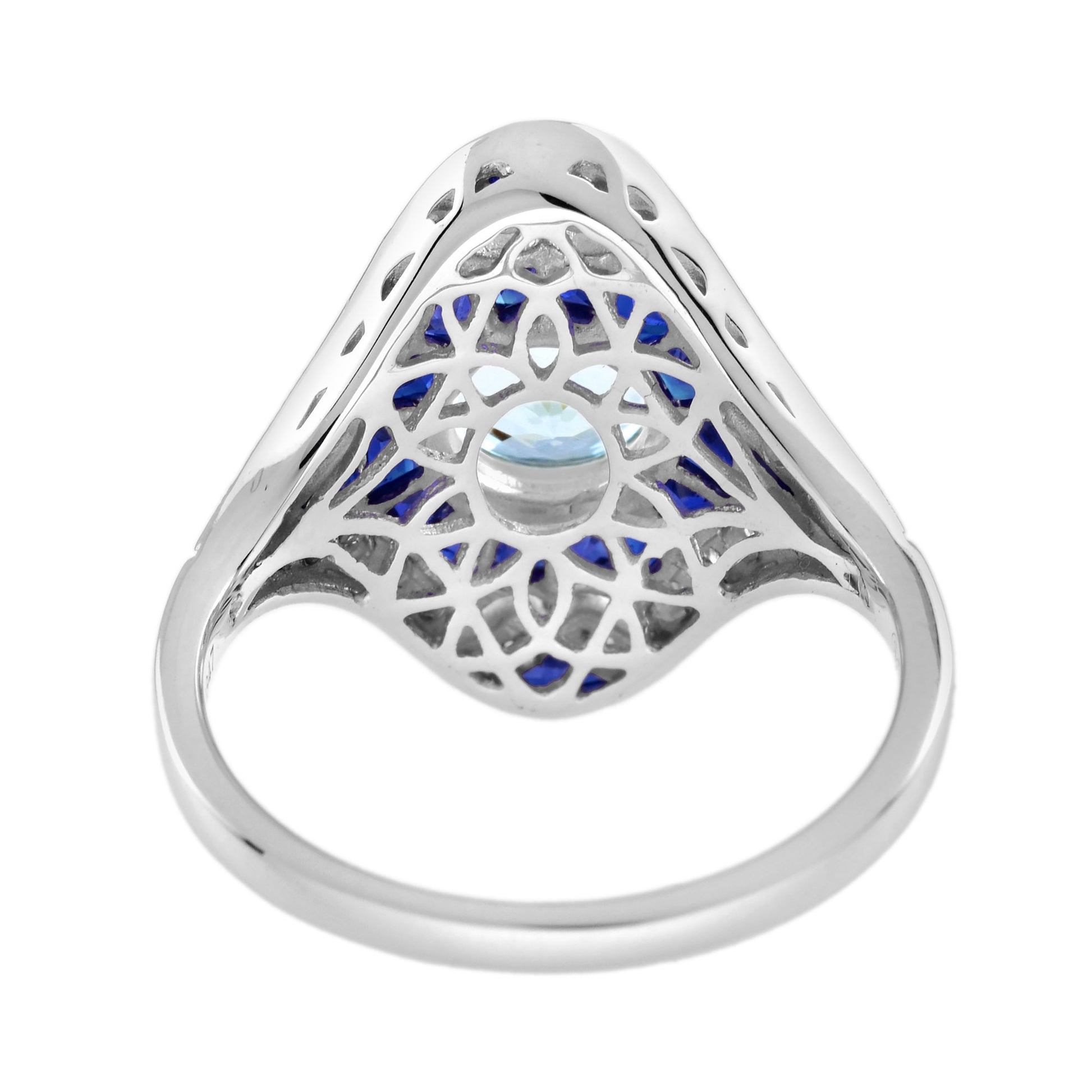 Aquamarine & Blue Sapphire and Diamond Art Deco Style Dinner 14K White Gold Ring