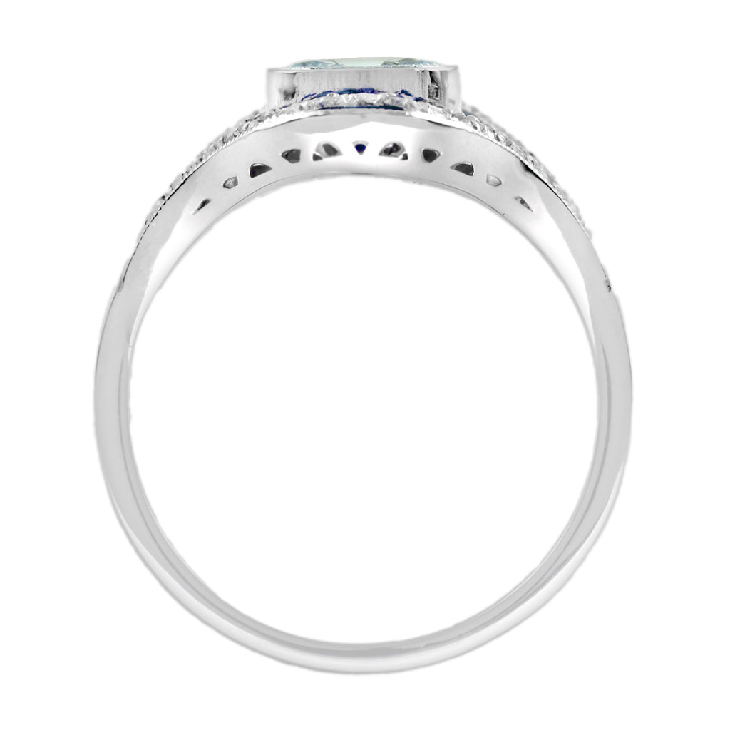 Aquamarine & Blue Sapphire and Diamond Art Deco Style Dinner 14K White Gold Ring