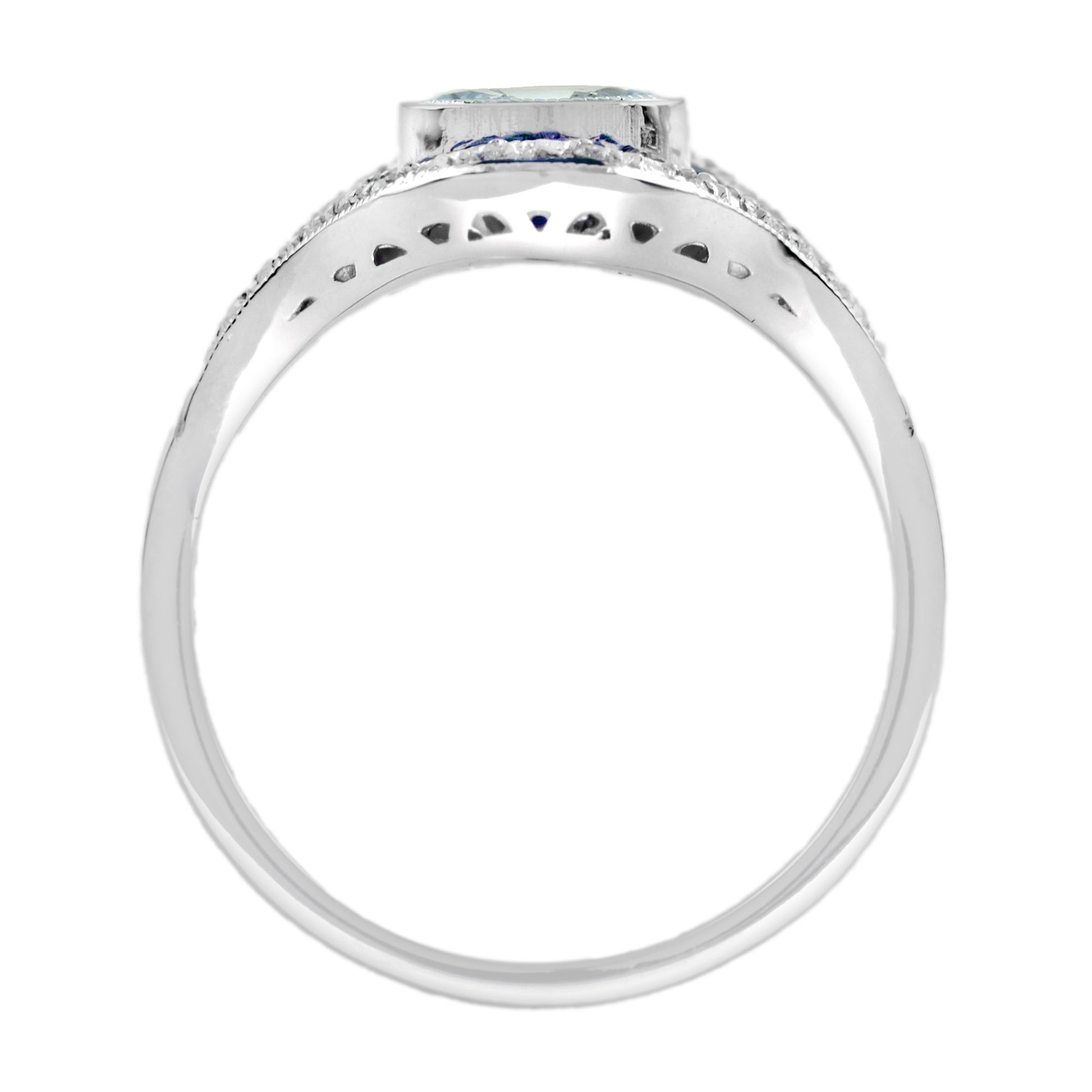 Aquamarine & Blue Sapphire and Diamond Art Deco Style Dinner 14K White Gold Ring