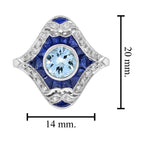 Aquamarine & Blue Sapphire and Diamond Art Deco Style Dinner 14K White Gold Ring