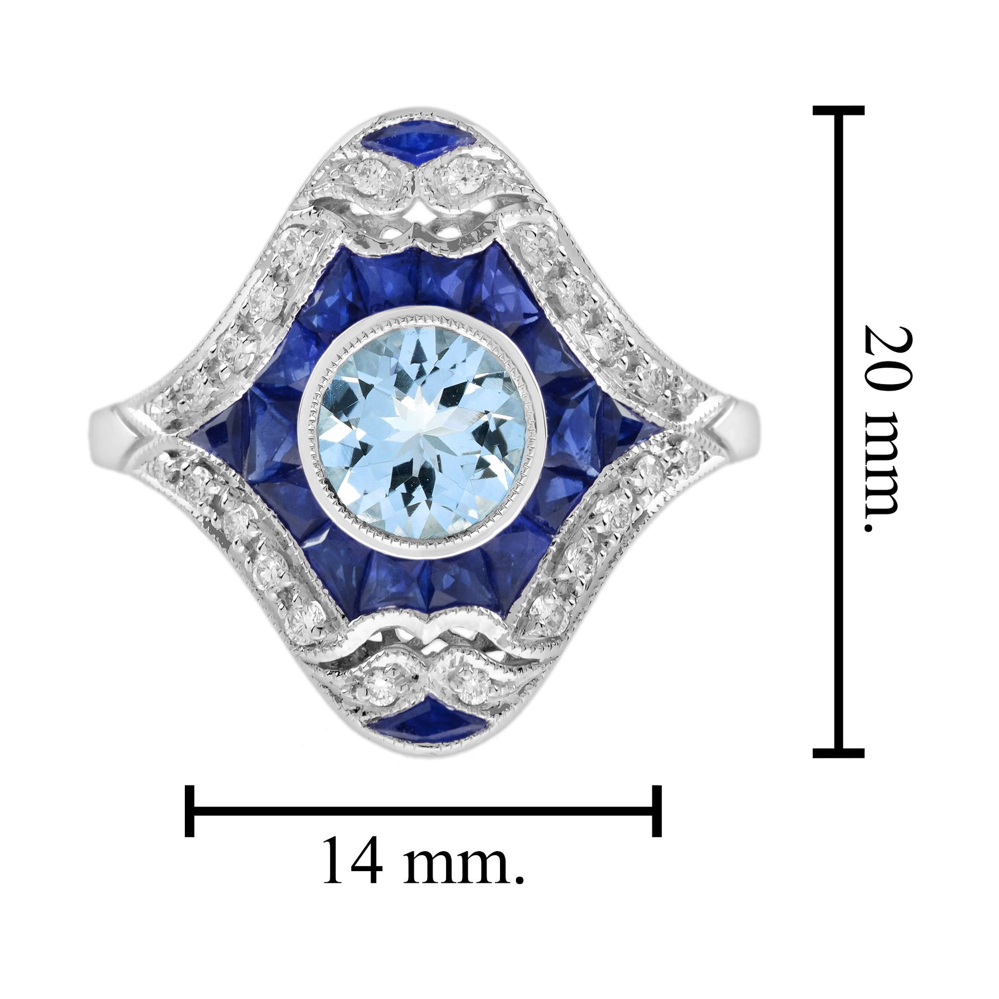 Aquamarine & Blue Sapphire and Diamond Art Deco Style Dinner 14K White Gold Ring