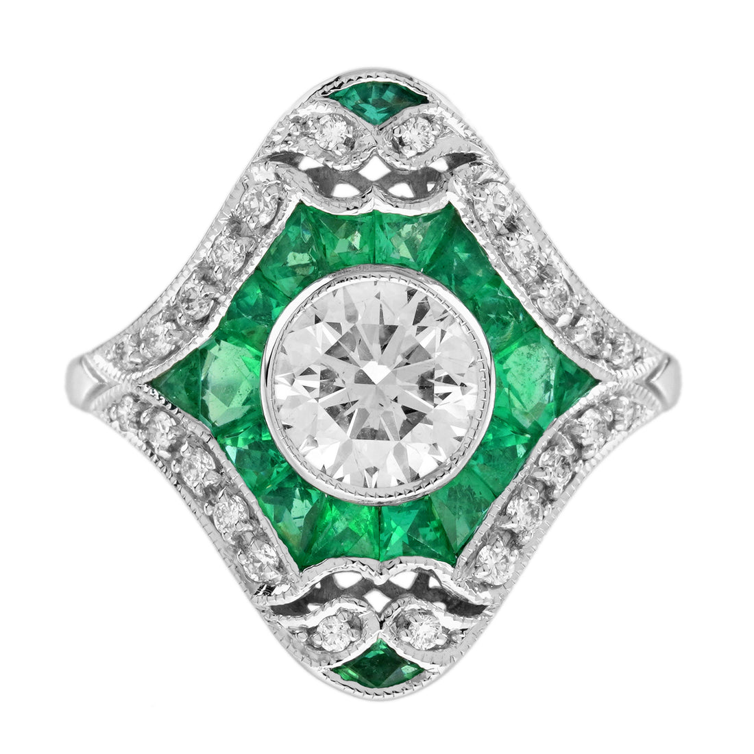 Diamond & Green Emerald Bezel Halo Set Art Deco Style Shield 18K White Gold Ring