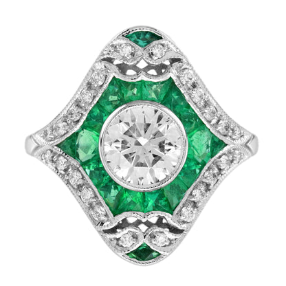 Diamond &amp; Green Emerald Bezel Halo Set Art Deco Style Shield 18K White Gold Ring