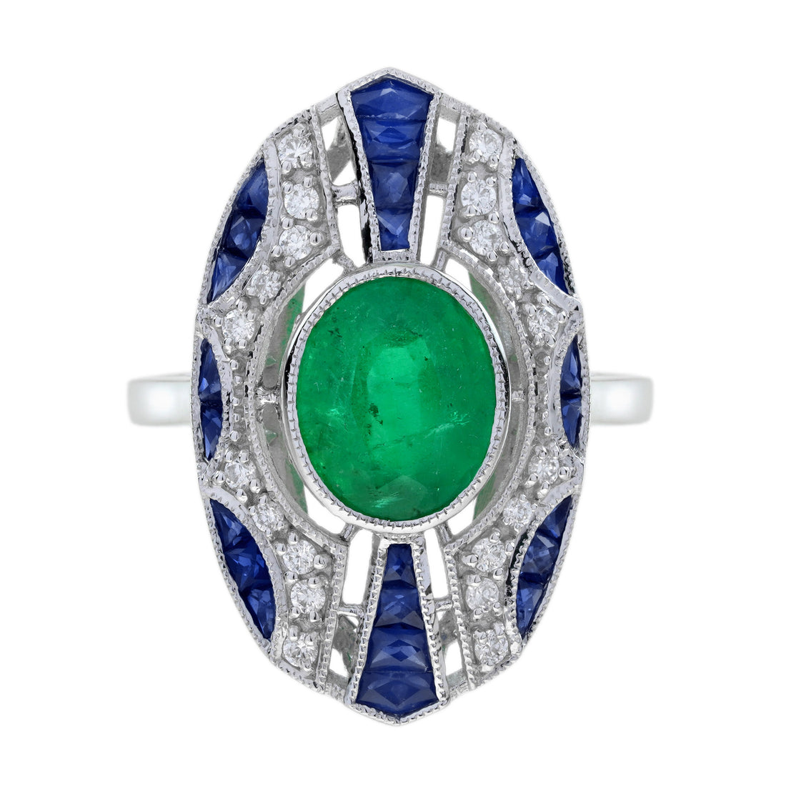 Oval Shape Green Emerald Sapphire Diamond Art Deco Style Shield White Gold Ring