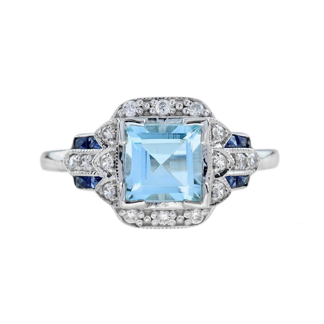 Square Blue Topaz & Sapphire Diamond Art Deco Style 14K White Gold Ring