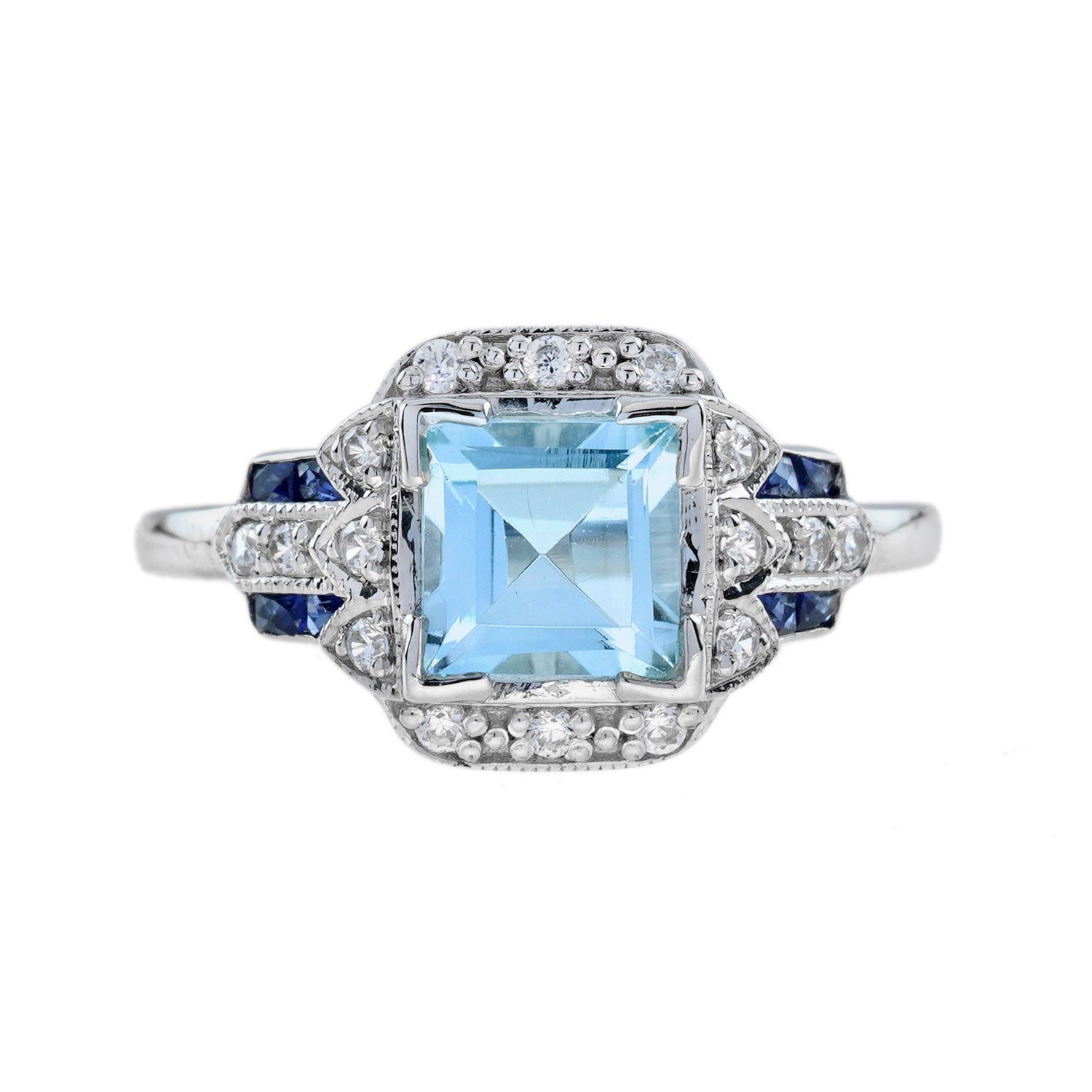 Square Blue Topaz &amp; Sapphire Diamond Art Deco Style 14K White Gold Ring
