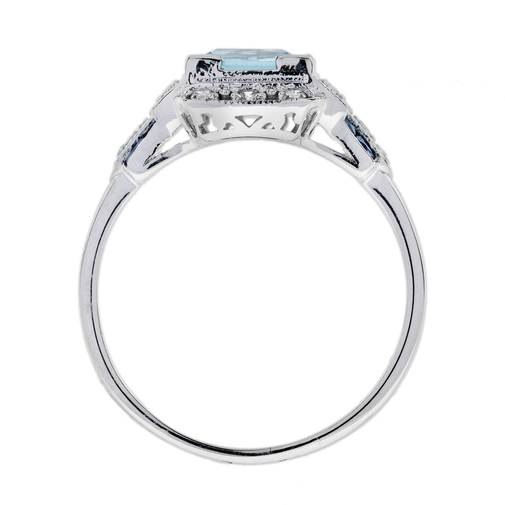 Square Blue Topaz & Sapphire Diamond Art Deco Style 14K White Gold Ring