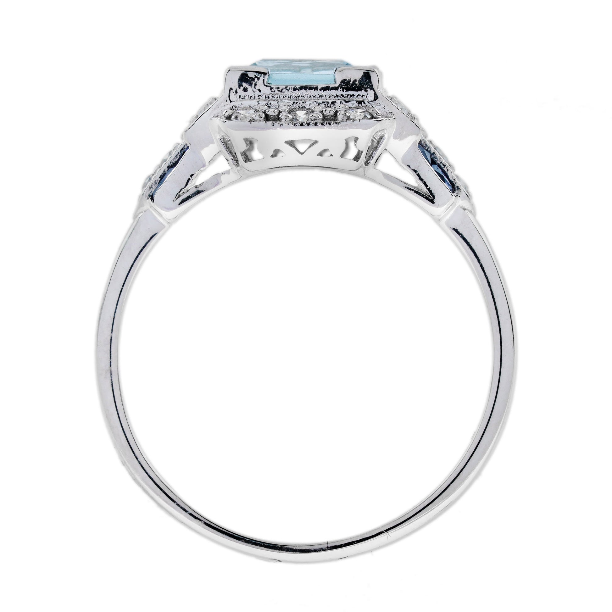 Square Blue Topaz & Sapphire Diamond Art Deco Style 14K White Gold Ring