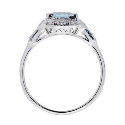Square Blue Topaz & Sapphire Diamond Art Deco Style 14K White Gold Ring