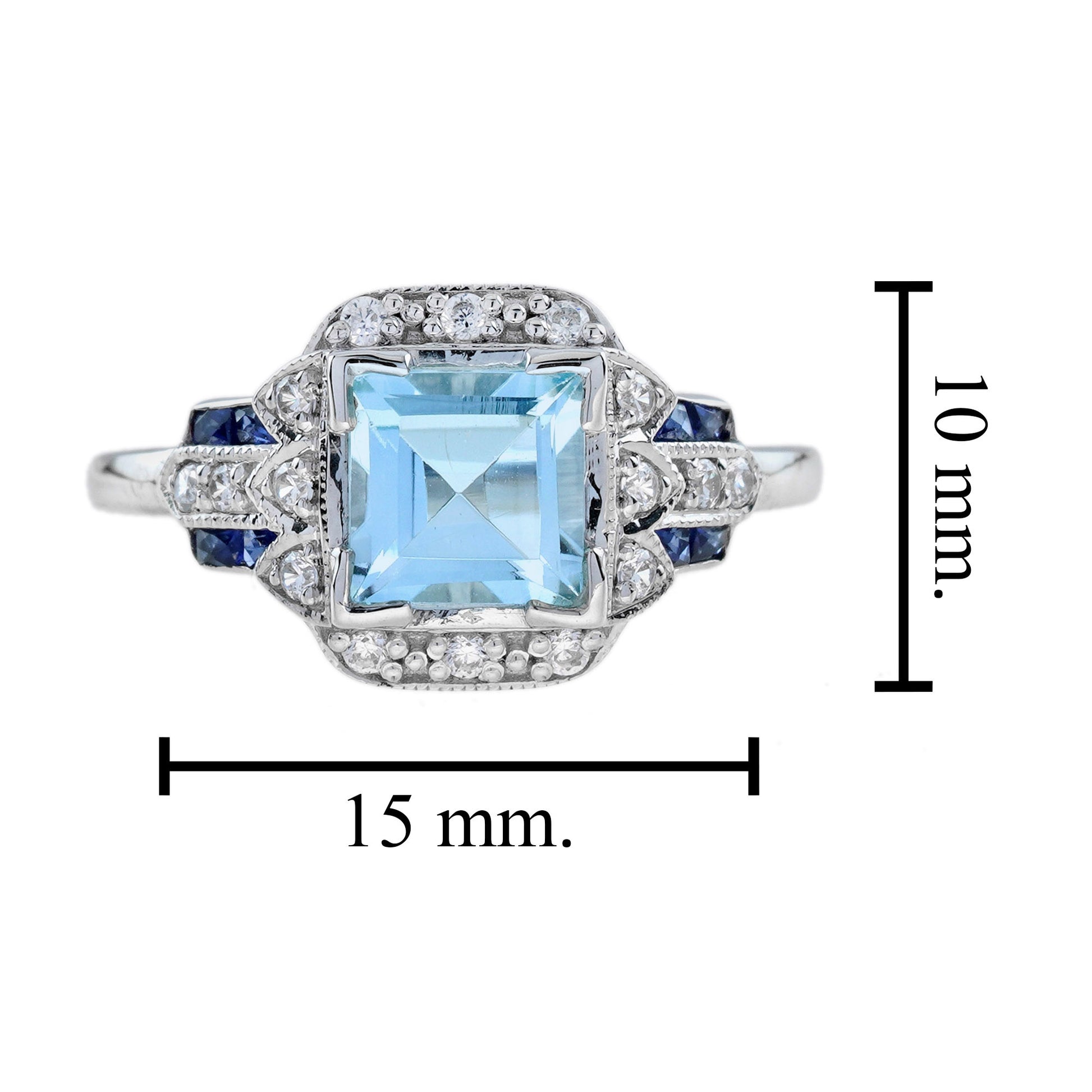 Square Blue Topaz & Sapphire Diamond Art Deco Style 14K White Gold Ring