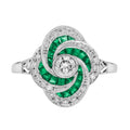 Diamond & Emerald Art Deco Style Swirling Fancy Cut Halo 14K White Gold Ring