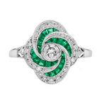 Diamond & Emerald Art Deco Style Swirling Fancy Cut Halo 14K White Gold Ring
