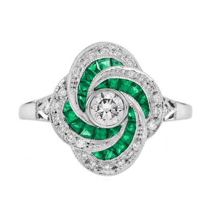 Diamond &amp; Emerald Art Deco Style Swirling Fancy Cut Halo 14K White Gold Ring