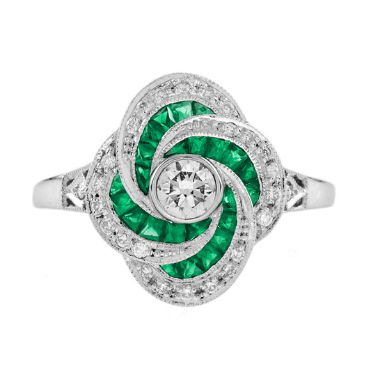 Diamond & Emerald Art Deco Style Swirling Fancy Cut Halo 14K White Gold Ring