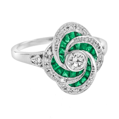 Diamond &amp; Emerald Art Deco Style Swirling Fancy Cut Halo 14K White Gold Ring