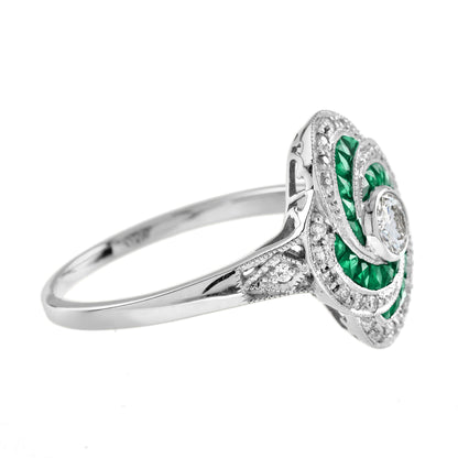 Diamond &amp; Emerald Art Deco Style Swirling Fancy Cut Halo 14K White Gold Ring