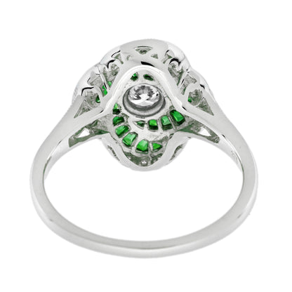 Diamond &amp; Emerald Art Deco Style Swirling Fancy Cut Halo 14K White Gold Ring
