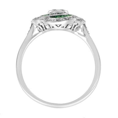 Diamond &amp; Emerald Art Deco Style Swirling Fancy Cut Halo 14K White Gold Ring