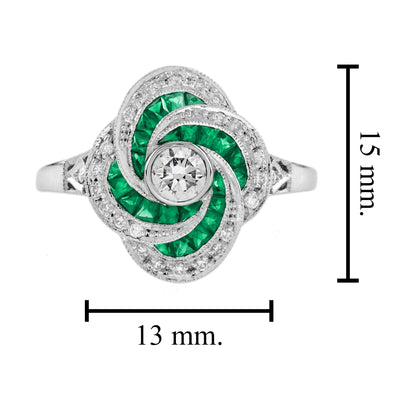 Diamond &amp; Emerald Art Deco Style Swirling Fancy Cut Halo 14K White Gold Ring