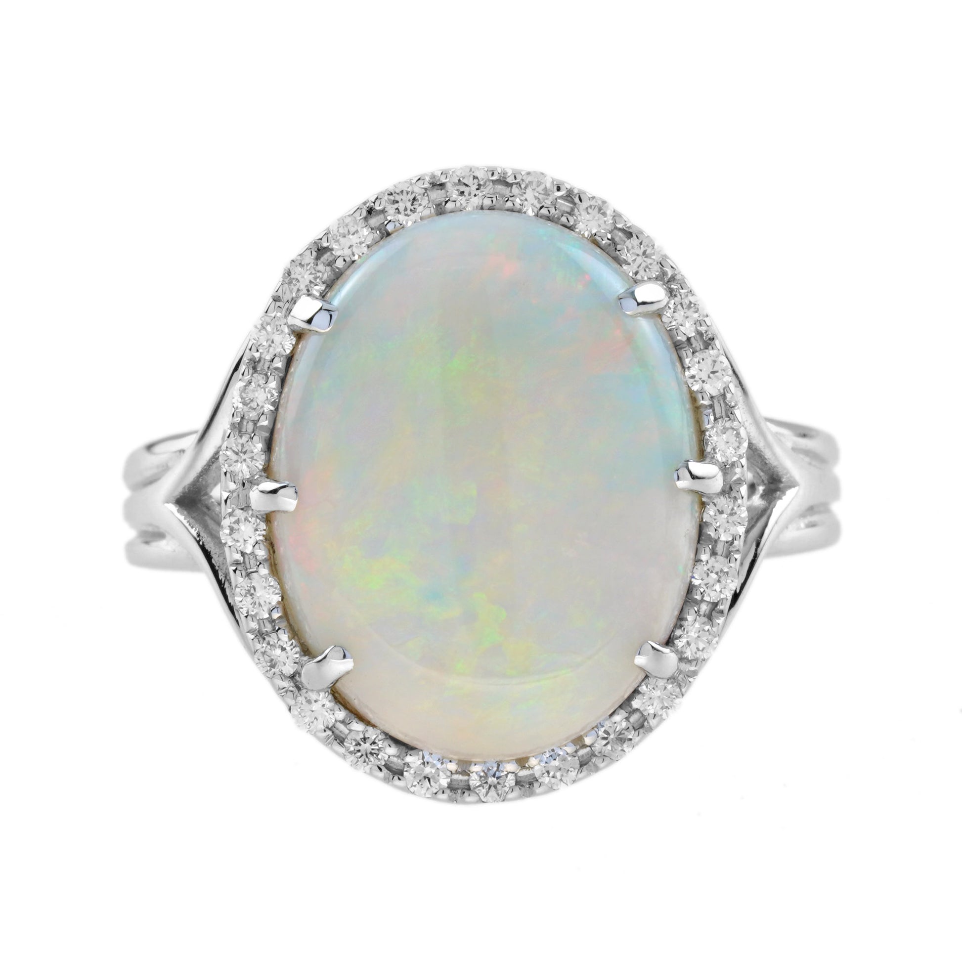 White Opal & Diamond Vintage Style Halo Set 18K White Gold Cocktail Ring