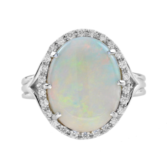 White Opal & Diamond Vintage Style Halo Set 18K White Gold Cocktail Ring