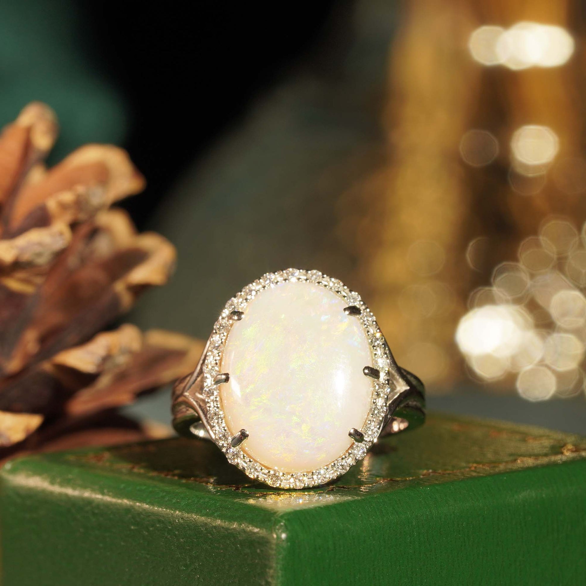 White Opal & Diamond Vintage Style Halo Set 18K White Gold Cocktail Ring