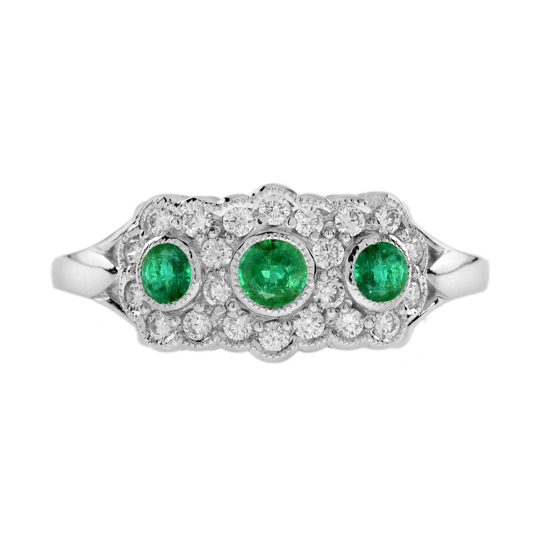 Green Emerald & Diamond Antique Style Three Stone 14K White Gold Ring