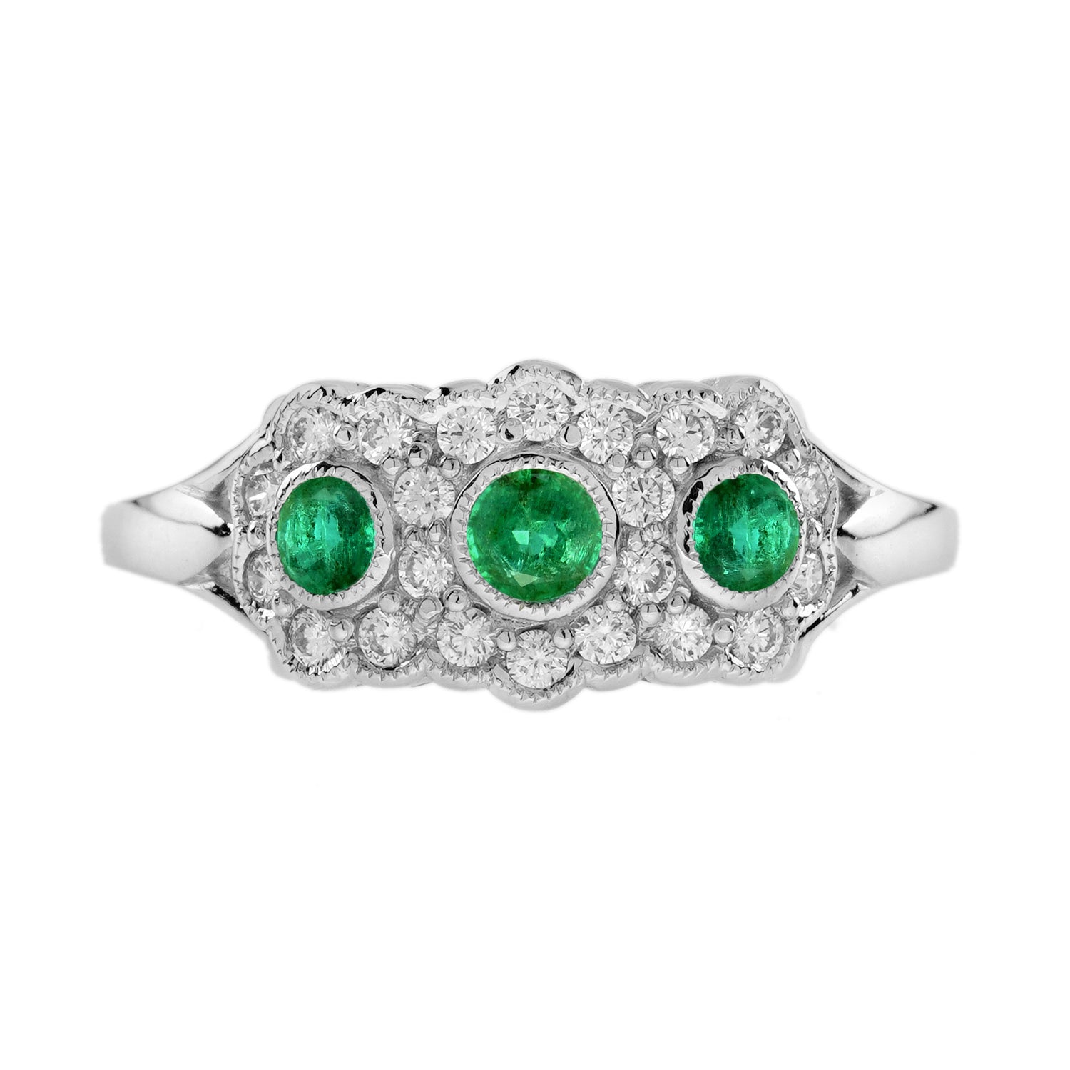 Green Emerald &amp; Diamond Antique Style Three Stone 14K White Gold Ring