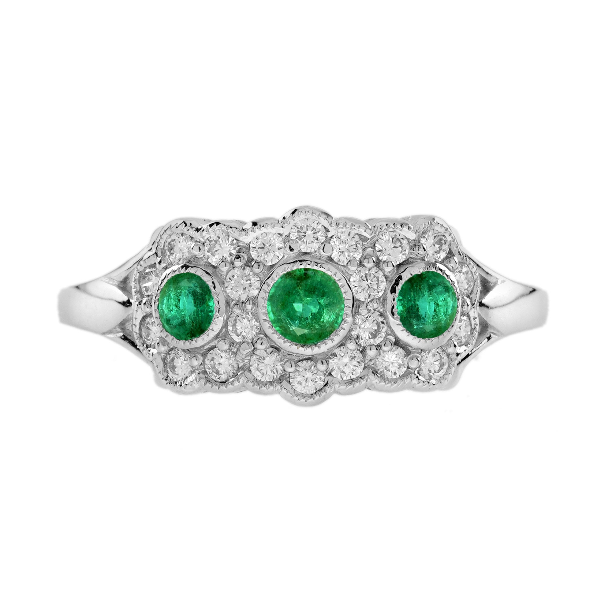 Green Emerald &amp; Diamond Antique Style Three Stone 14K White Gold Ring