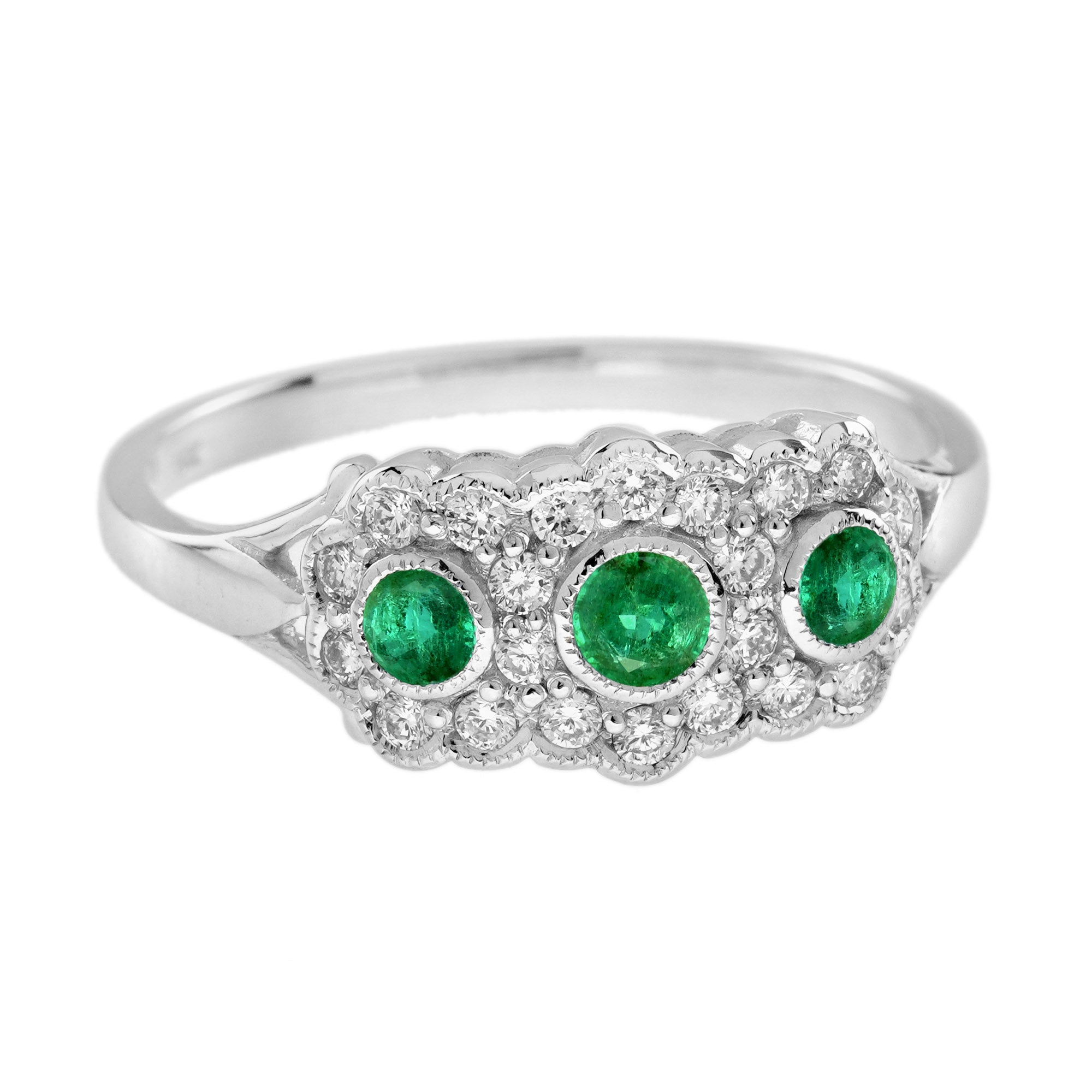 Green Emerald &amp; Diamond Antique Style Three Stone 14K White Gold Ring