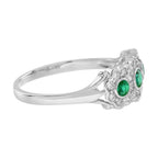 Green Emerald & Diamond Antique Style Three Stone 14K White Gold Ring