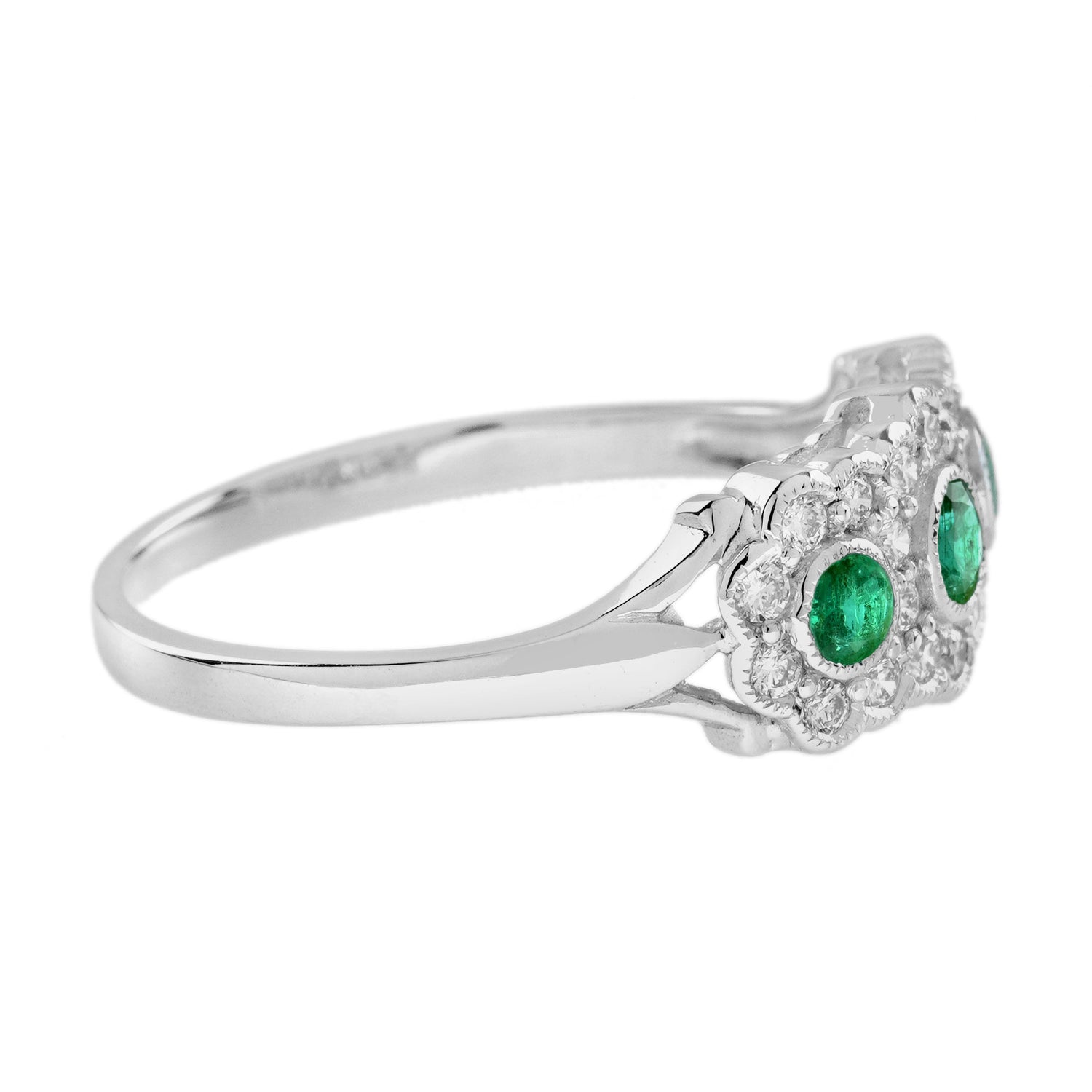 Green Emerald &amp; Diamond Antique Style Three Stone 14K White Gold Ring