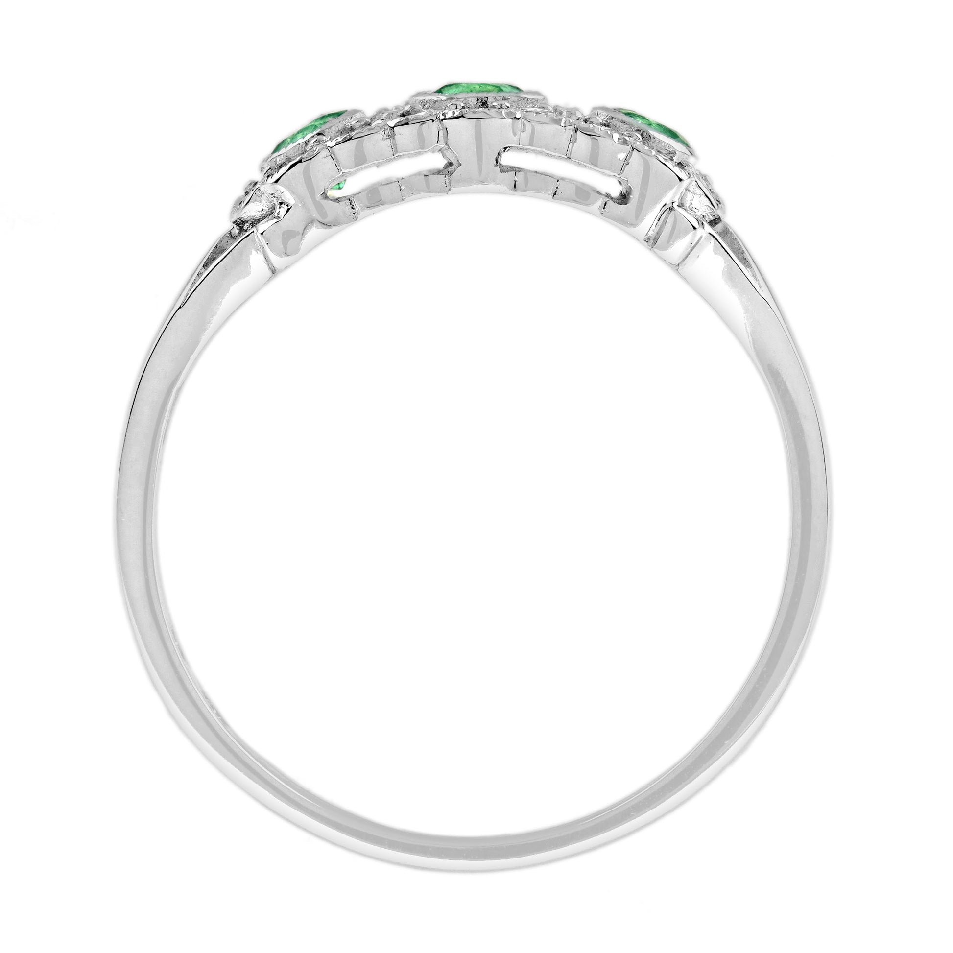 Green Emerald & Diamond Antique Style Three Stone 14K White Gold Ring