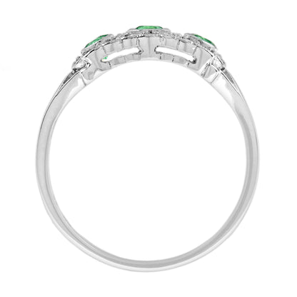 Green Emerald & Diamond Antique Style Three Stone 14K White Gold Ring