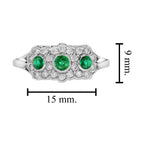 Green Emerald & Diamond Antique Style Three Stone 14K White Gold Ring