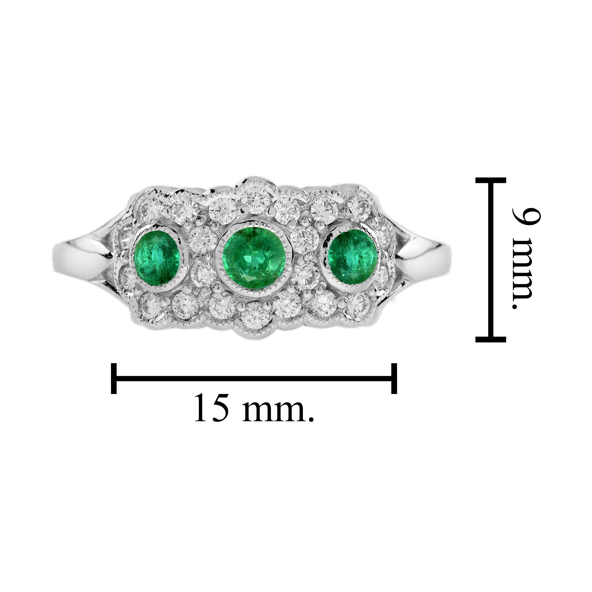 Green Emerald &amp; Diamond Antique Style Three Stone 14K White Gold Ring
