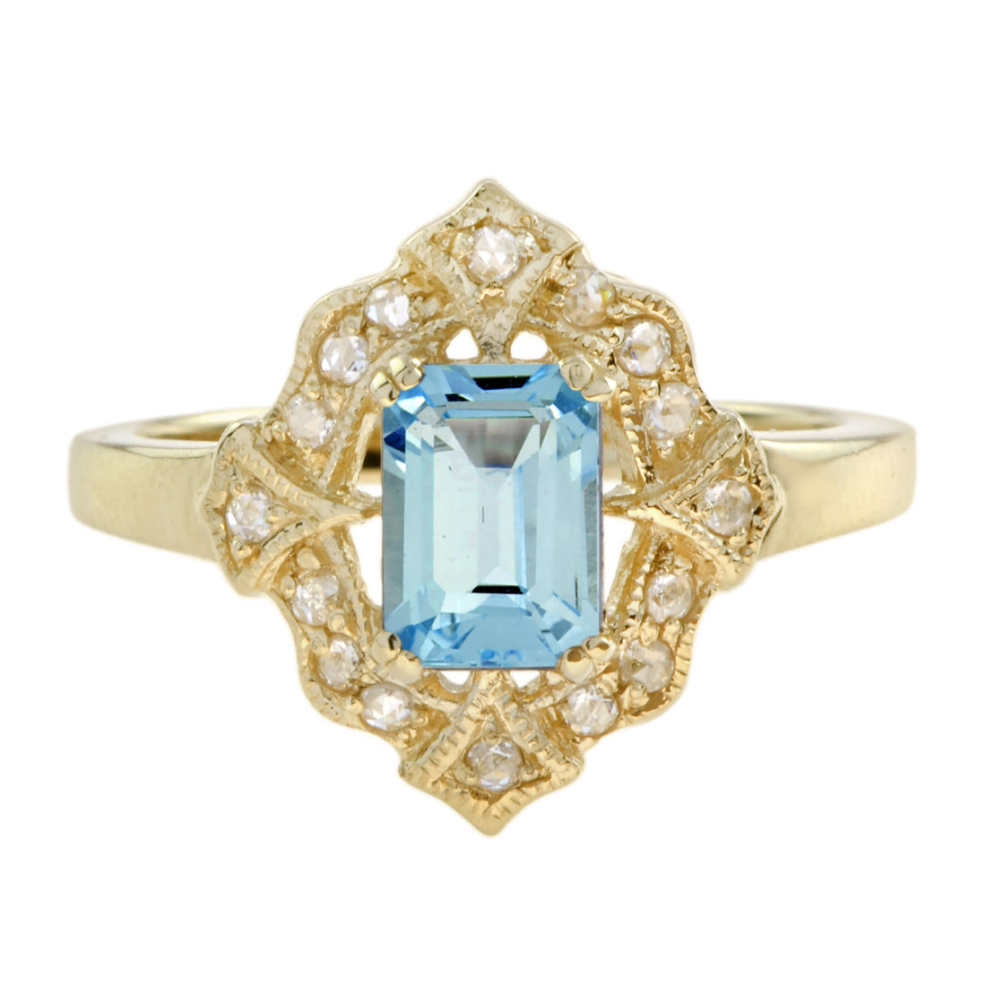 Rectangle Shape Emerald Cut Blue Topaz &amp; Diamond Halo Vintage Style Gold Ring