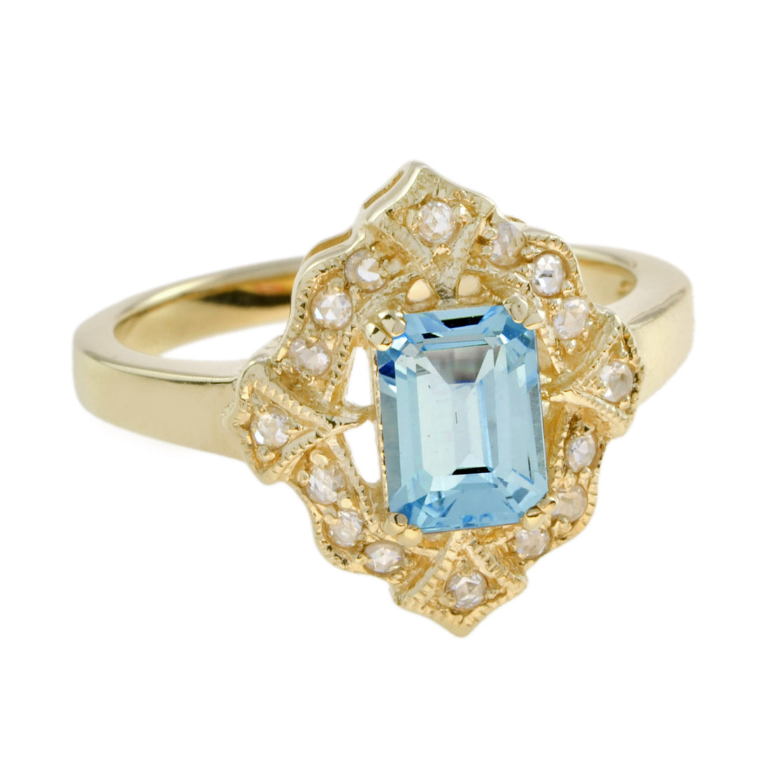 Rectangle Shape Emerald Cut Blue Topaz &amp; Diamond Halo Vintage Style Gold Ring