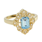 Rectangle Shape Emerald Cut Blue Topaz & Diamond Halo Vintage Style Gold Ring