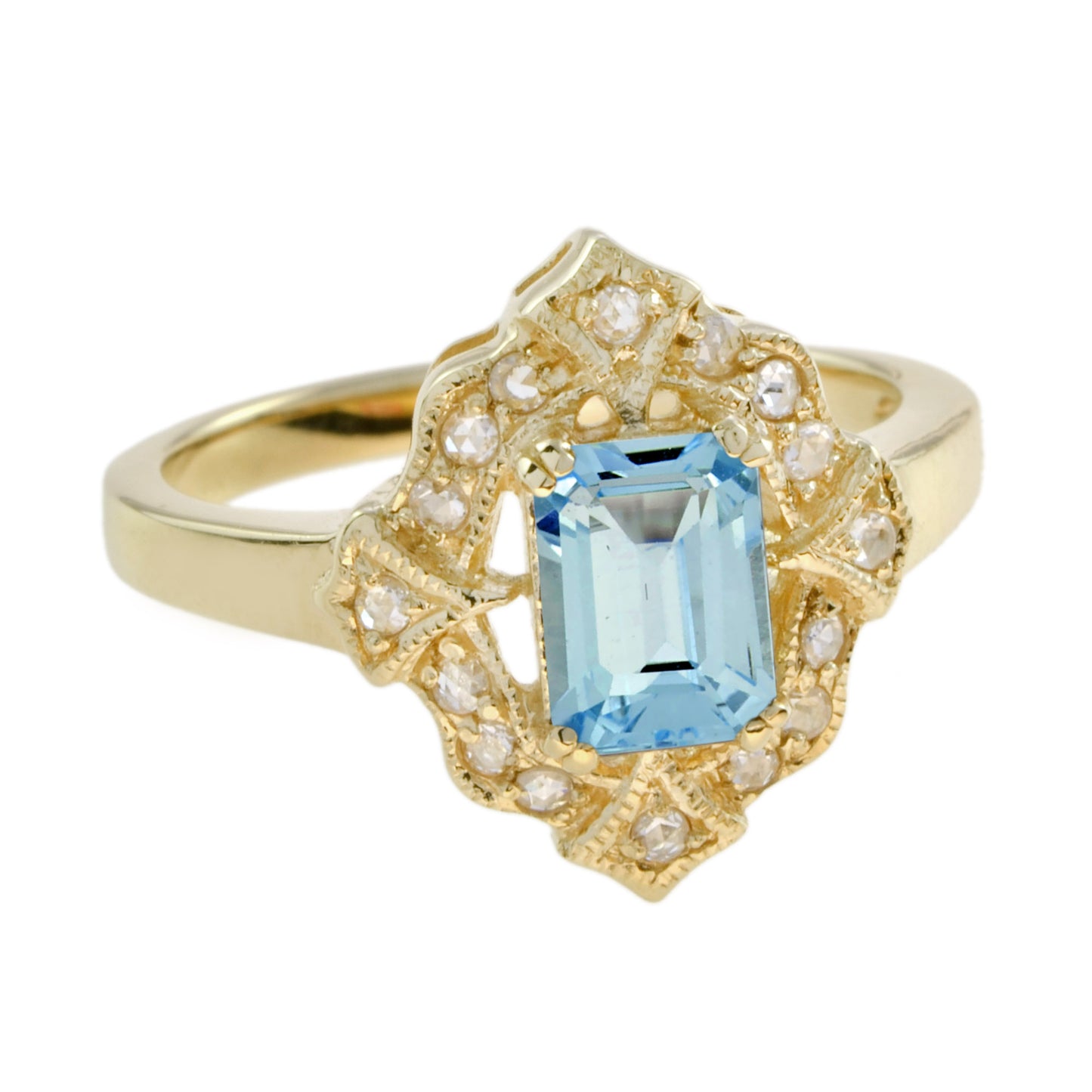 rectangle shape emerald cut blue topaz & diamond halo vintage style gold ring