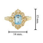 Rectangle Shape Emerald Cut Blue Topaz & Diamond Halo Vintage Style Gold Ring