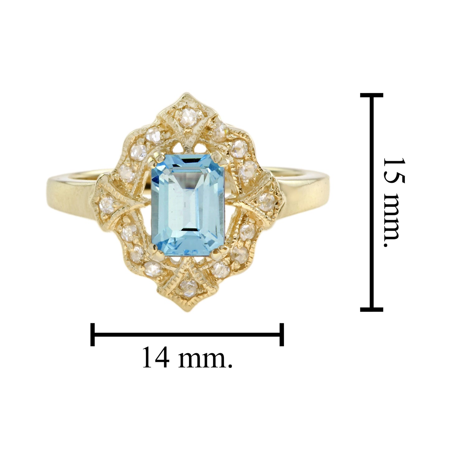 rectangle shape emerald cut blue topaz & diamond halo vintage style gold ring