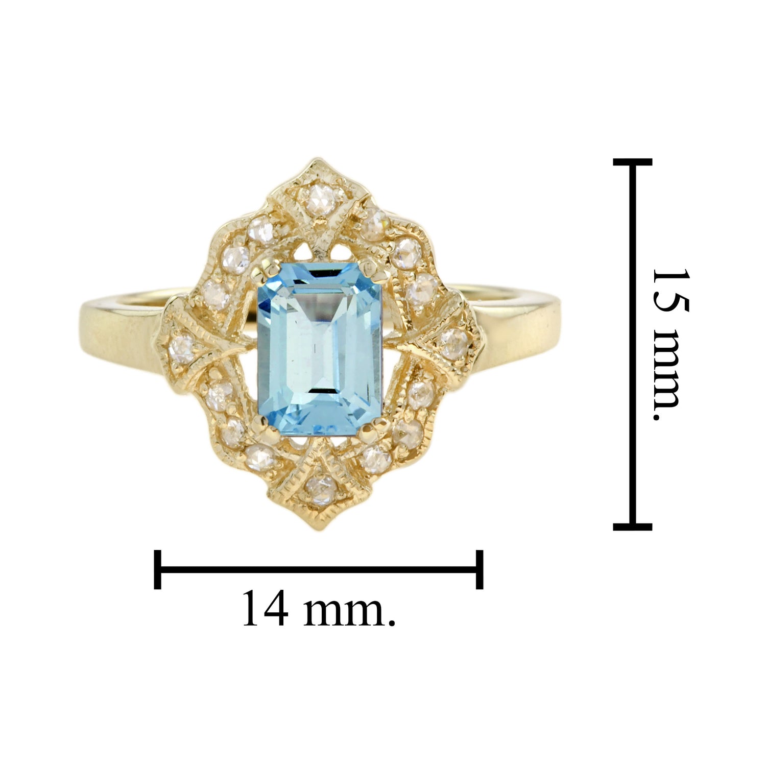 Rectangle Shape Emerald Cut Blue Topaz &amp; Diamond Halo Vintage Style Gold Ring