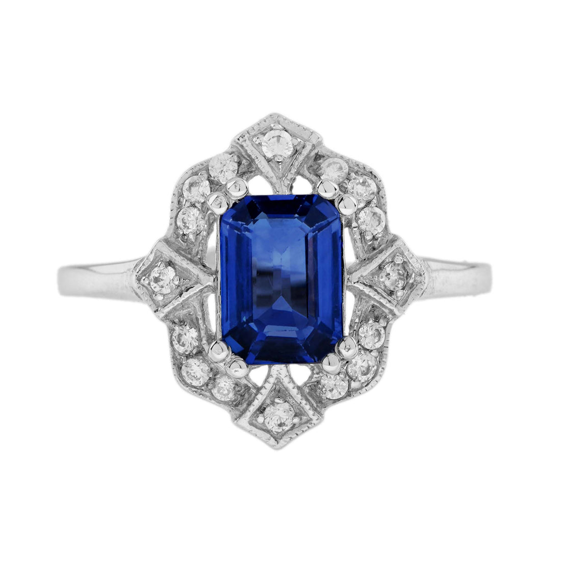 Emerald Cut Blue Sapphire & Diamond Halo 14K White Gold Vintage Style Ring