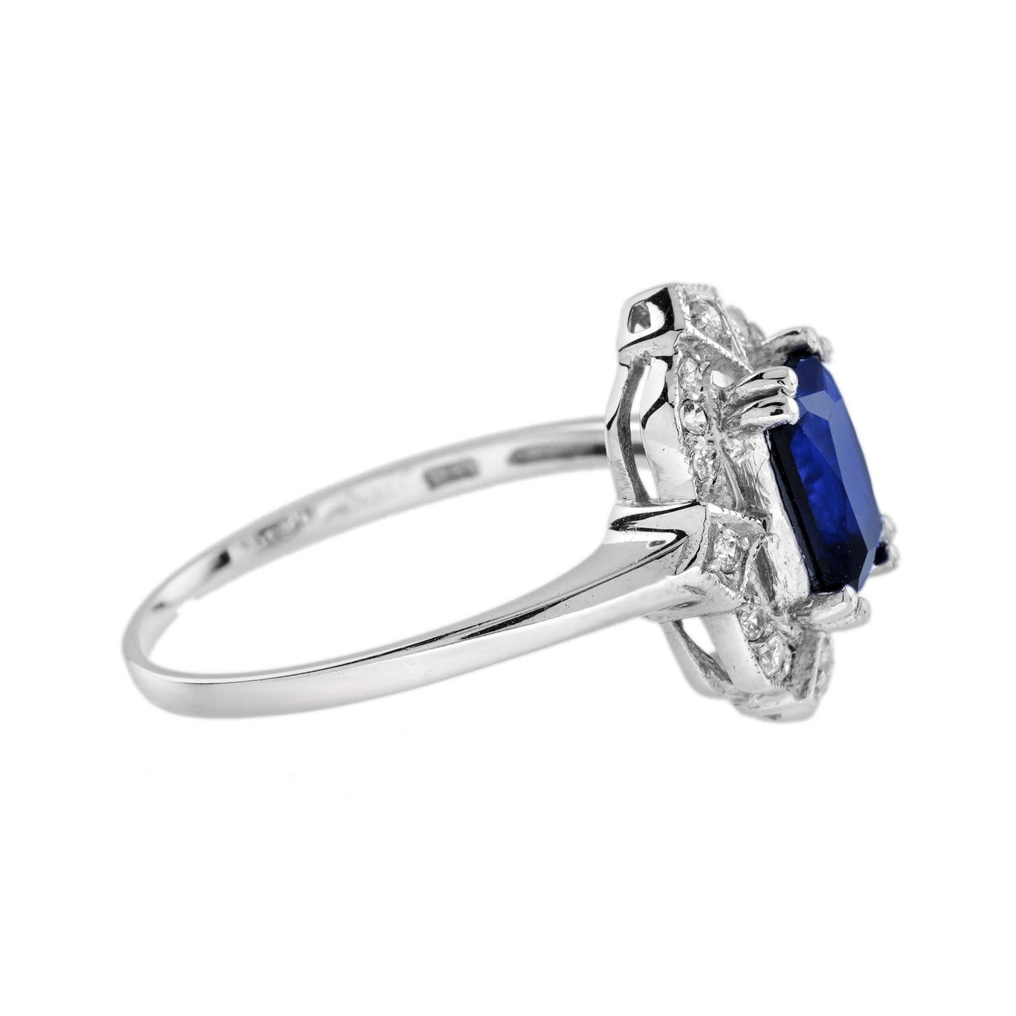 emerald cut blue sapphire & diamond halo 14k white gold vintage style ring