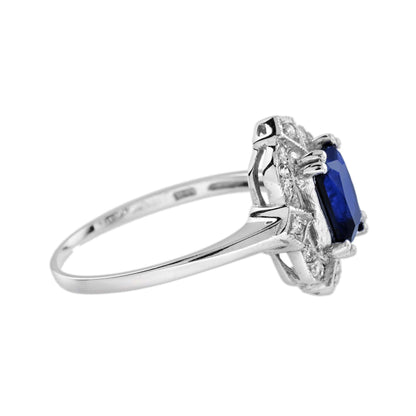 Emerald Cut Blue Sapphire & Diamond Halo 14K White Gold Vintage Style Ring