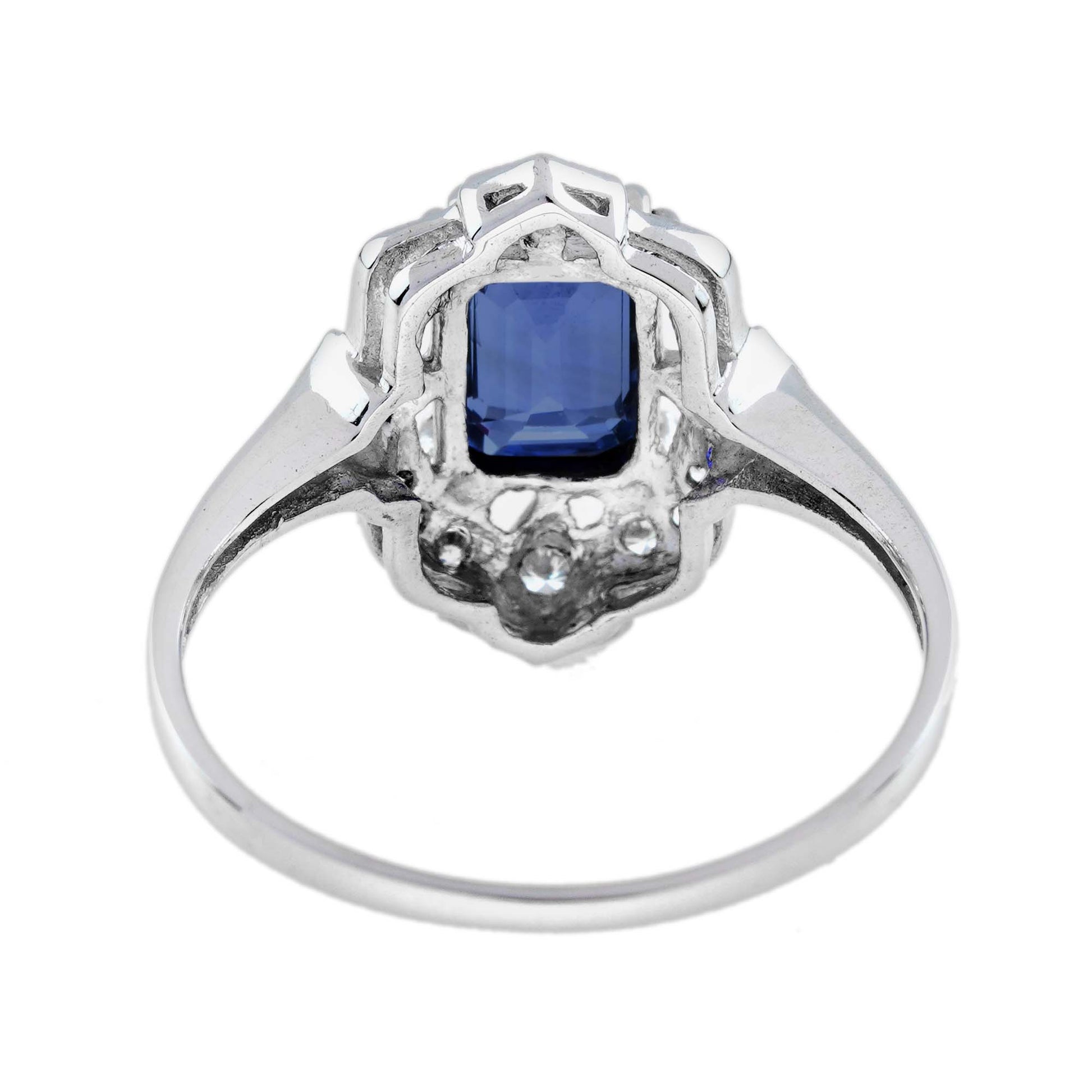 Emerald Cut Blue Sapphire & Diamond Halo 14K White Gold Vintage Style Ring