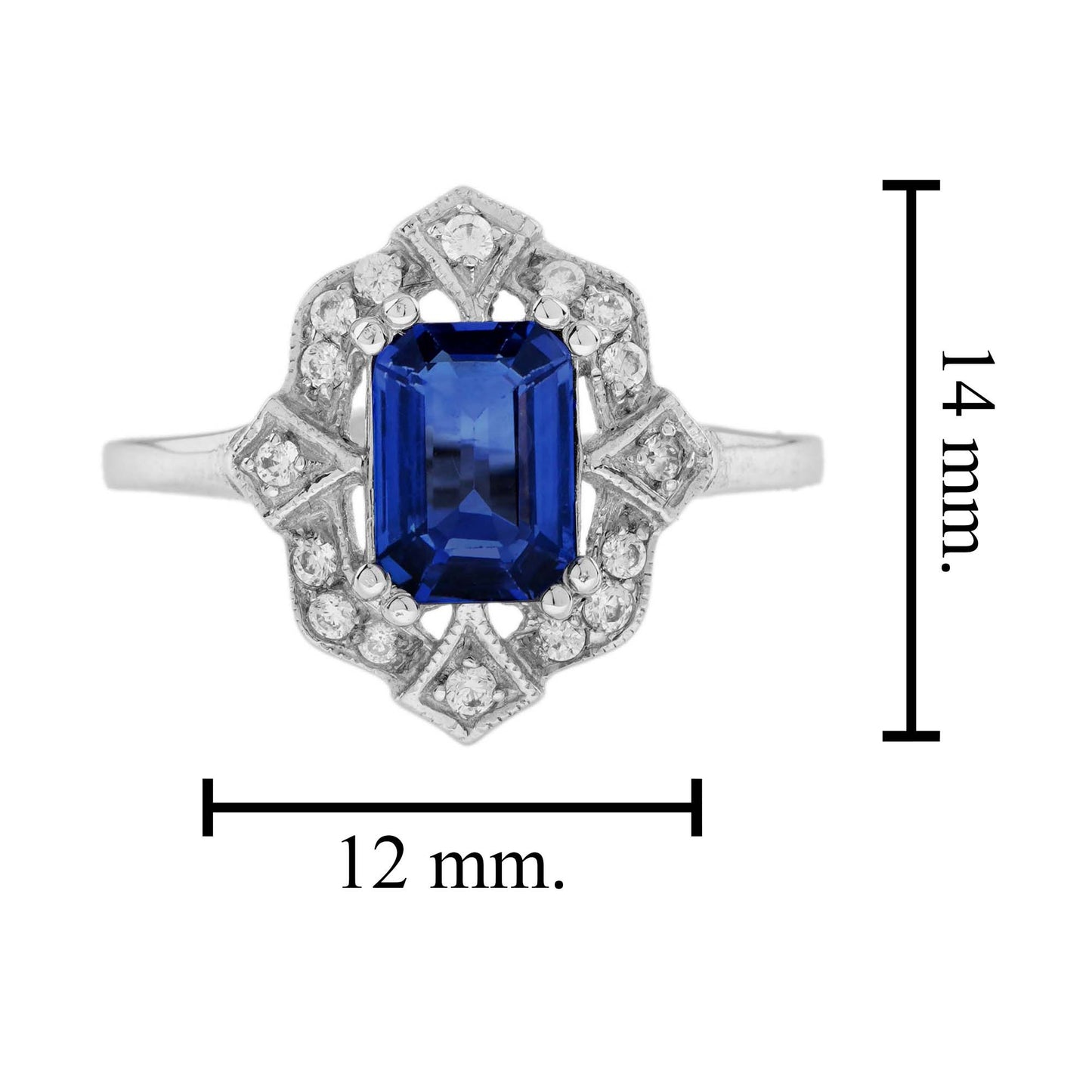 emerald cut blue sapphire & diamond halo 14k white gold vintage style ring
